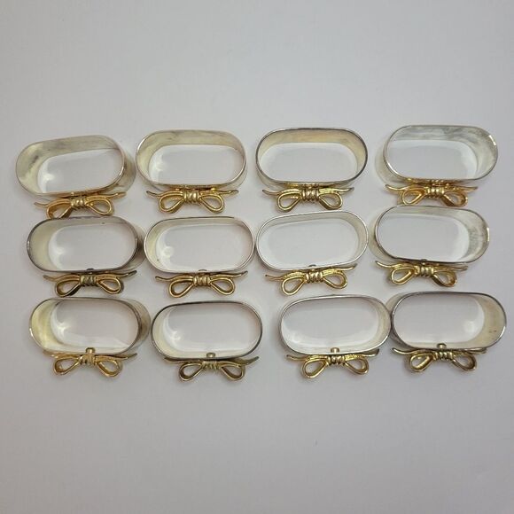 Silver Plated Napkin Ring With Gold Plated Bows Set Of 12 - Picture 8 of 10